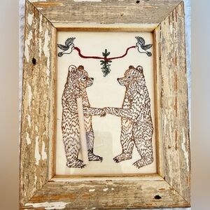 Handmade Re-Purposed Barn Wood Frame with Embroidered Bears